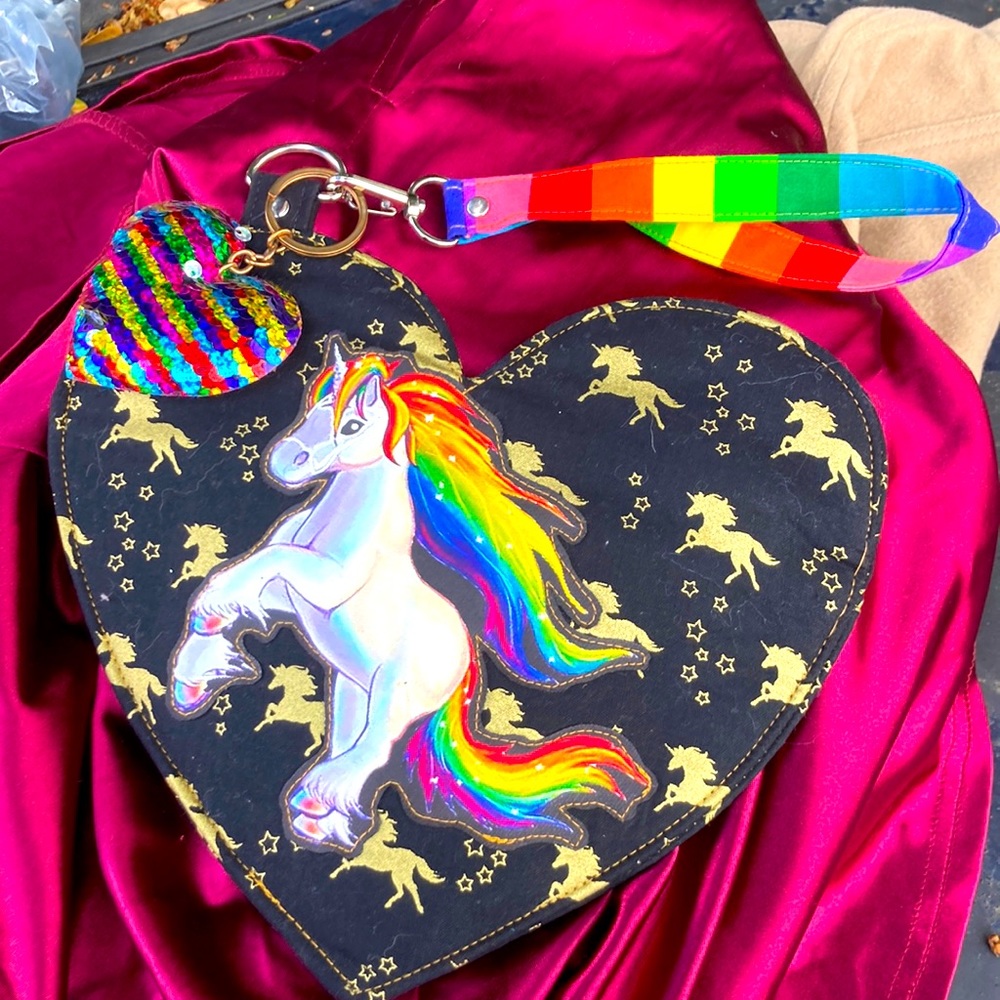 Unicorn zip up heart shaped bag